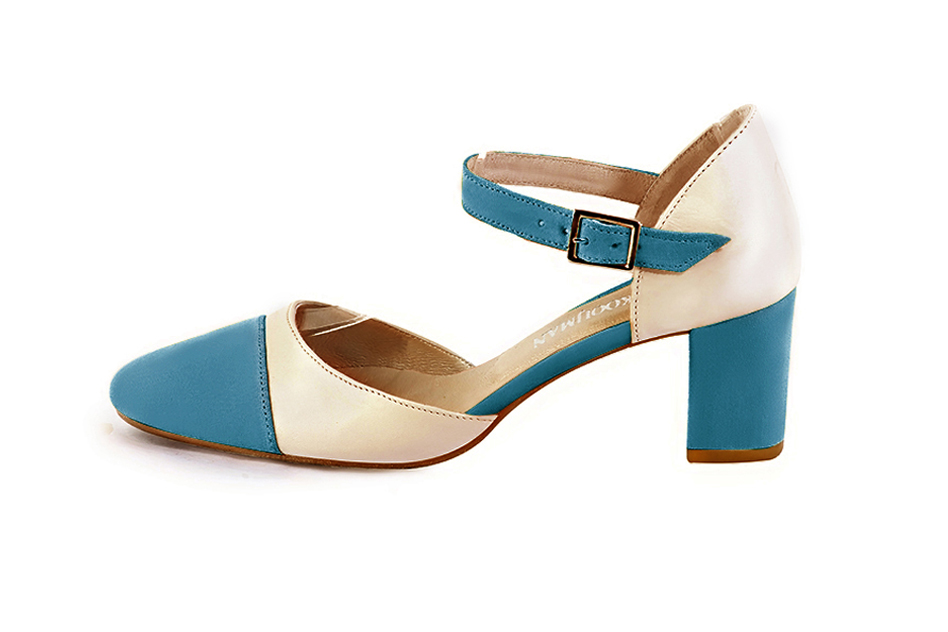 Peacock blue and champagne white open side elegant shoes, with an instep strap. Round toe. Medium block heels. - Florence KOOIJMAN